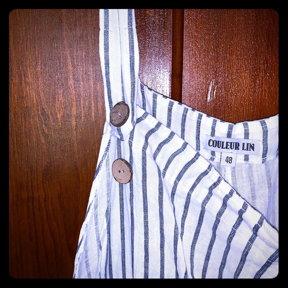 Blue and White Stripe Linen Overalls